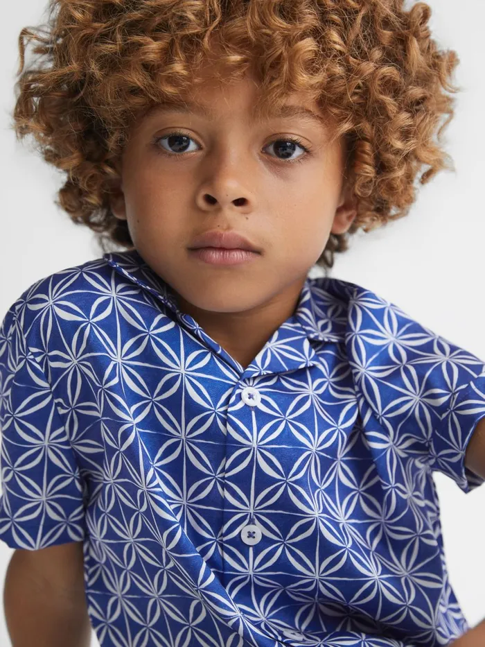 Children Reiss Shirts Tintipan Printed Cuban Collar Shirt Bright Bluewhite