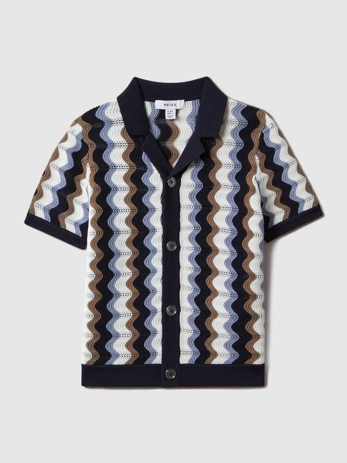 Children Reiss Shirts Waves Knitted Cuban Collar Shirt Blue Multi