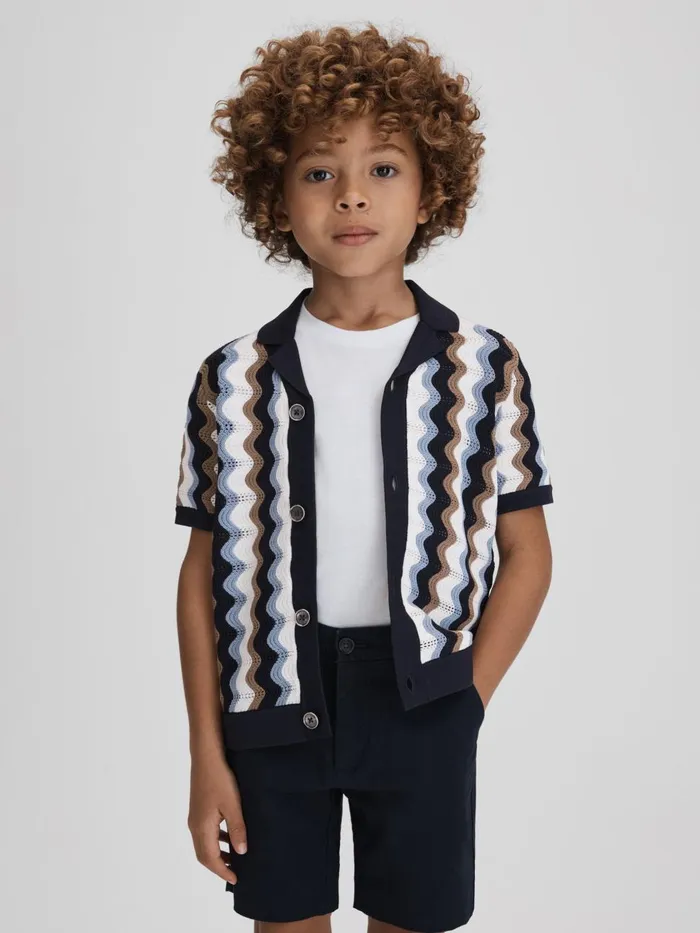 Children Reiss Shirts Waves Knitted Cuban Collar Shirt Blue Multi