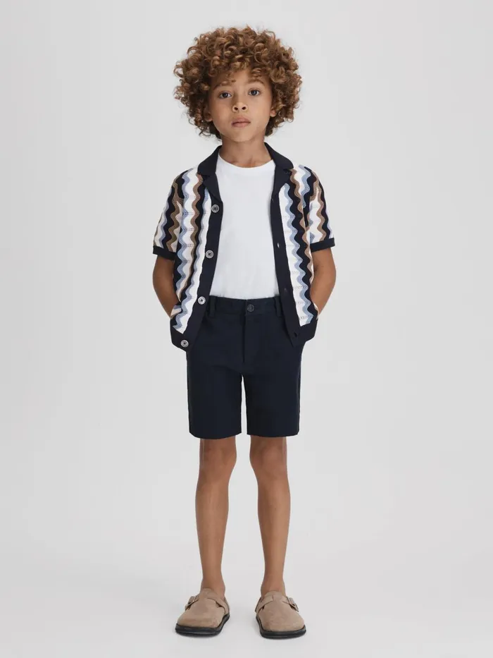 Children Reiss Shirts Waves Knitted Cuban Collar Shirt Blue Multi