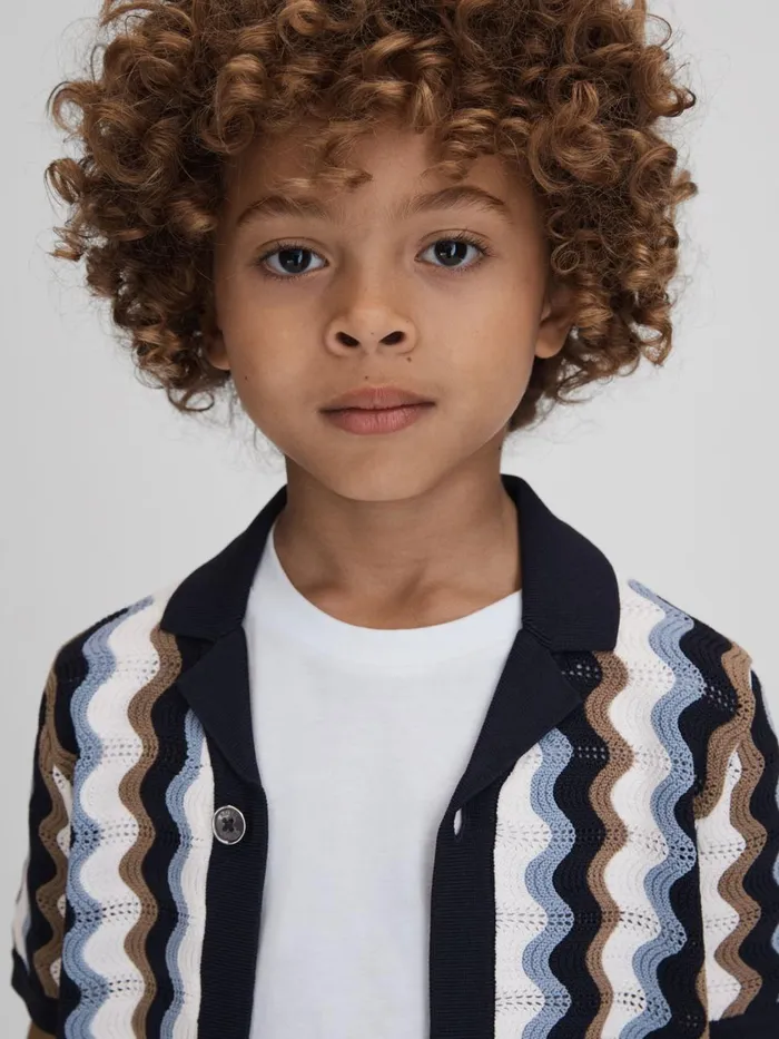 Children Reiss Shirts Waves Knitted Cuban Collar Shirt Blue Multi