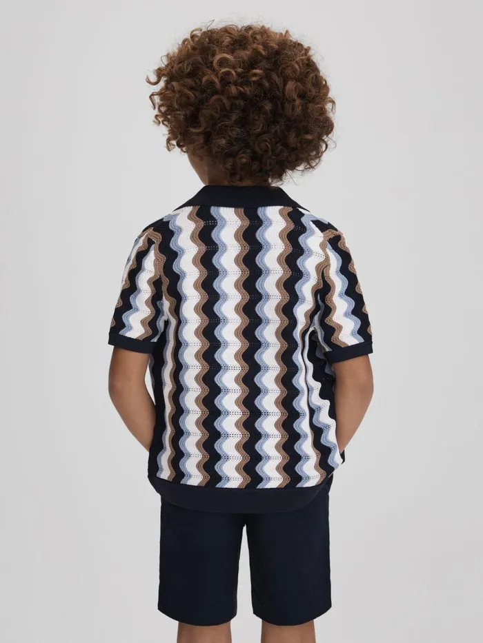 Children Reiss Shirts Waves Knitted Cuban Collar Shirt Blue Multi