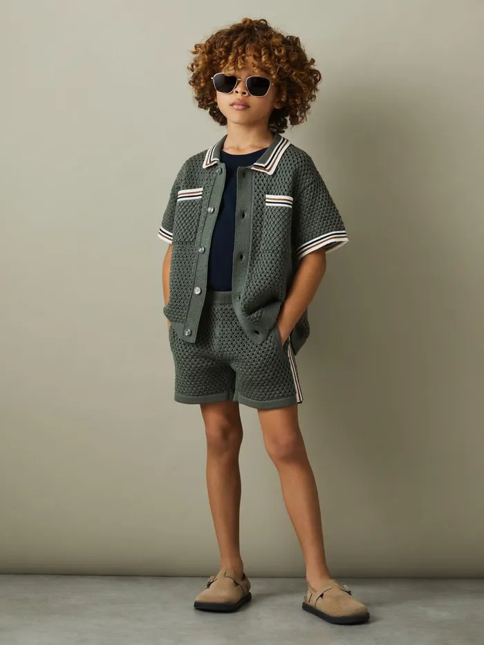 Children Reiss Shorts Creek Crochet Contrast Trim Elasticated Shorts Dark Sage Green