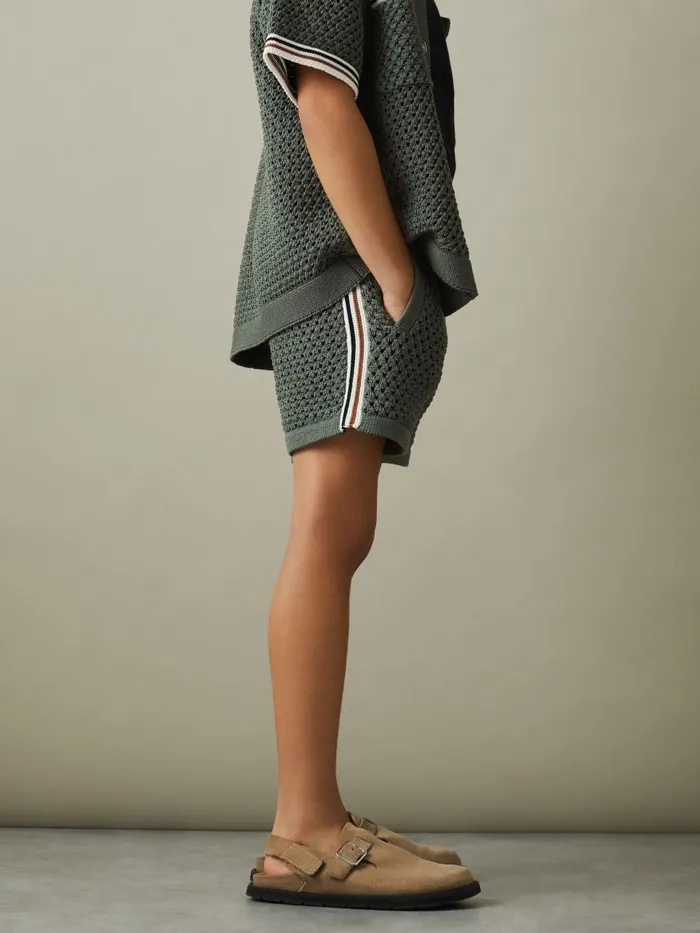 Children Reiss Shorts Creek Crochet Contrast Trim Elasticated Shorts Dark Sage Green