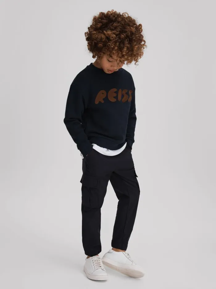 Children Reiss TShirts Bryant Cotton Motif Crew Neck Sweatshirt Navy