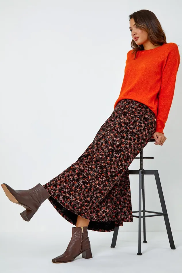 Chocolate Cotton Blend Ditsy Midi Elastic Waist Skirt Women Roman Skirts