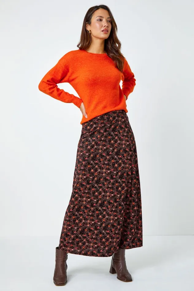 Chocolate Cotton Blend Ditsy Midi Elastic Waist Skirt Women Roman Skirts