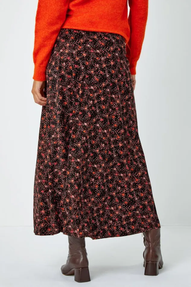 Chocolate Cotton Blend Ditsy Midi Elastic Waist Skirt Women Roman Skirts