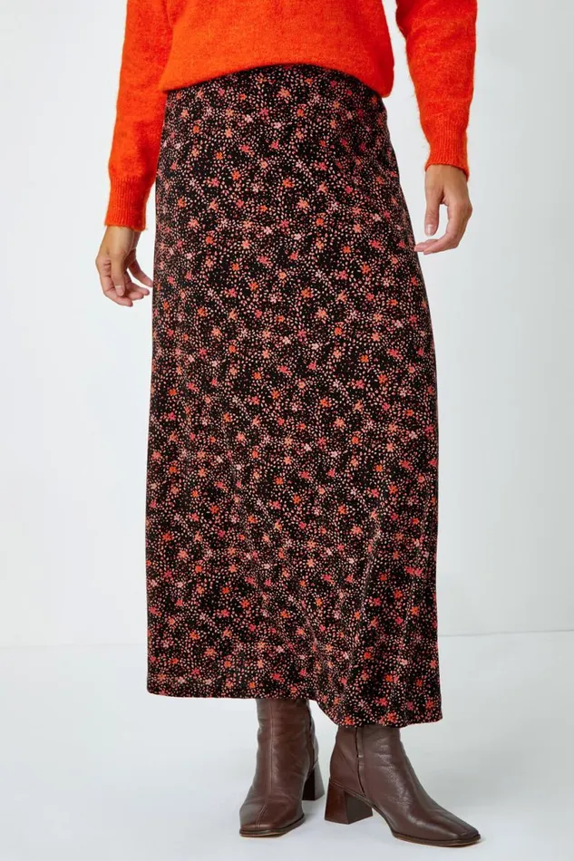 Chocolate Cotton Blend Ditsy Midi Elastic Waist Skirt Women Roman Skirts