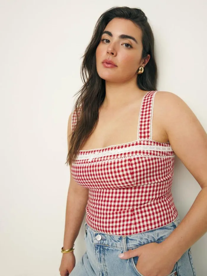 Clothing The Reformation Eloise Linen Top Tomato Check