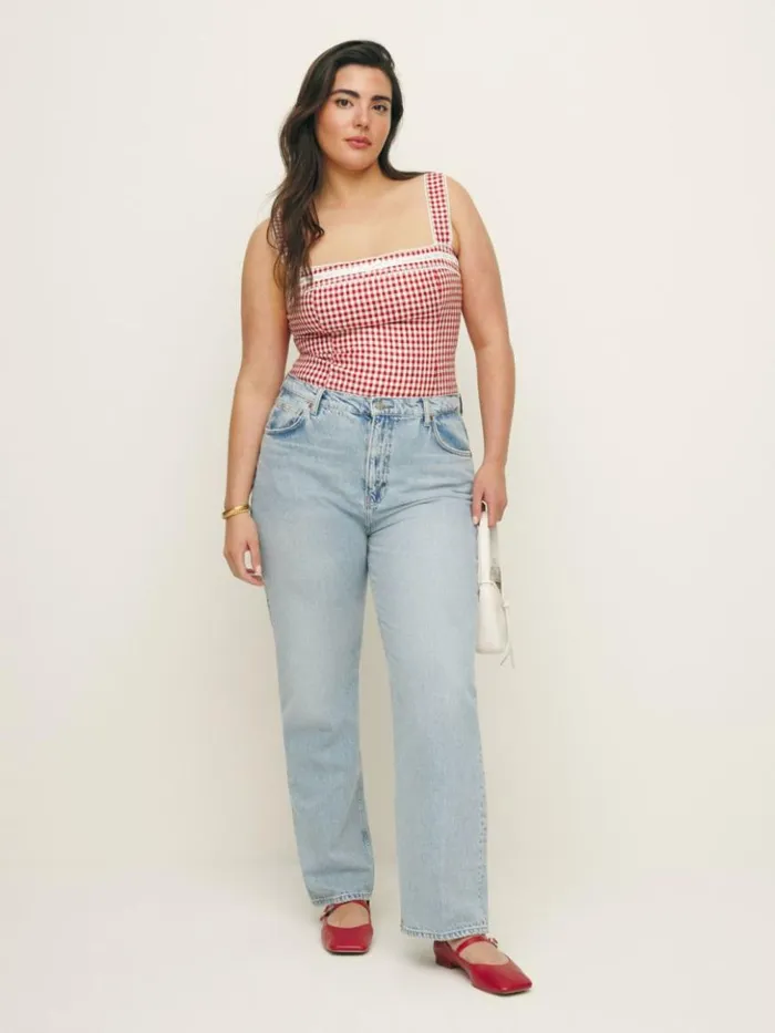Clothing The Reformation Eloise Linen Top Tomato Check