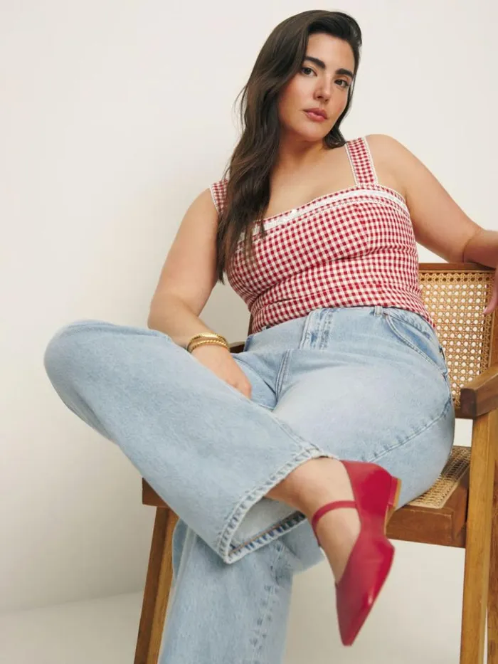 Clothing The Reformation Eloise Linen Top Tomato Check