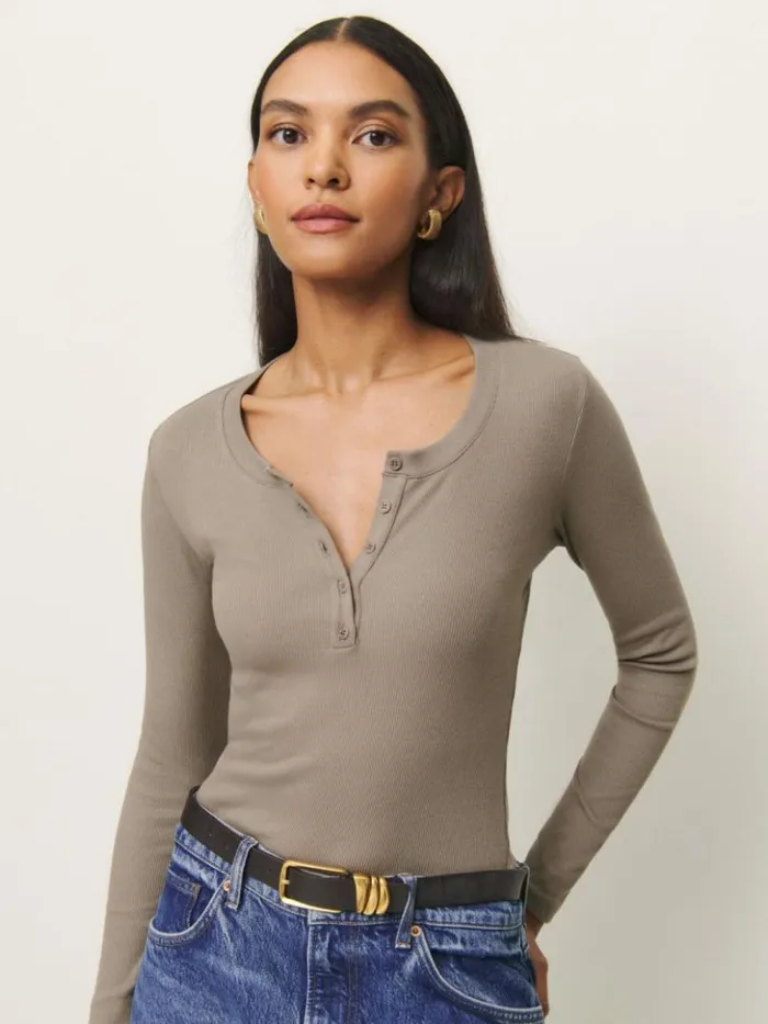 Clothing The Reformation Jayden Long Sleeve Henley Tee Taupe