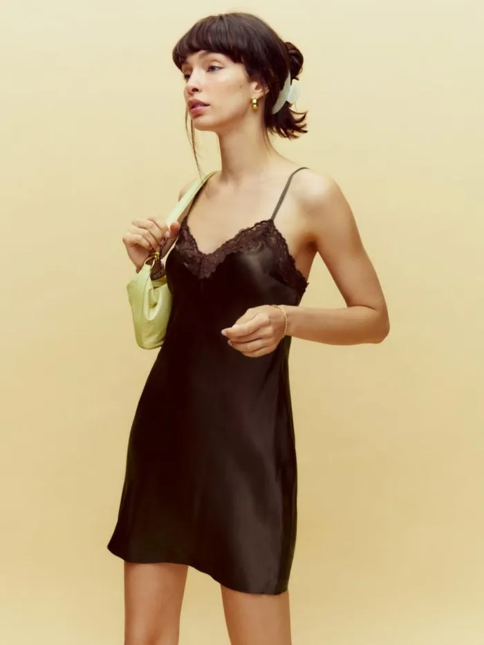 Clothing The Reformation Marina Silk Dress Black Bean