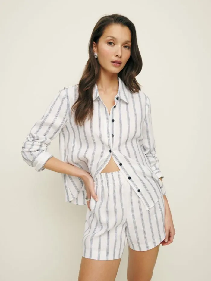 Clothing The Reformation Mila Linen Short Harbor Stripe