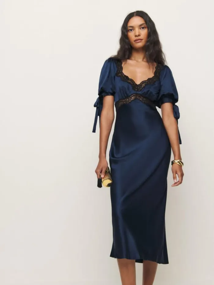 Clothing The Reformation Petites Stella Silk Dress Navy