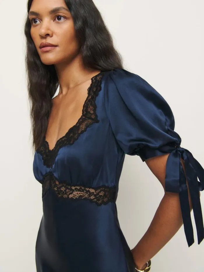 Clothing The Reformation Petites Stella Silk Dress Navy
