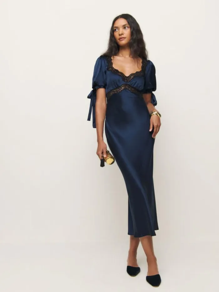 Clothing The Reformation Petites Stella Silk Dress Navy