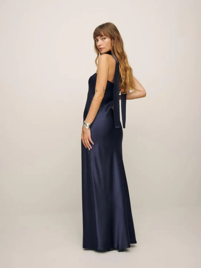ClothingWeddings The Reformation Petites Oren Silk Dress Navy
