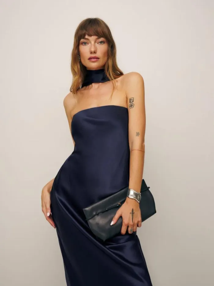 ClothingWeddings The Reformation Petites Oren Silk Dress Navy