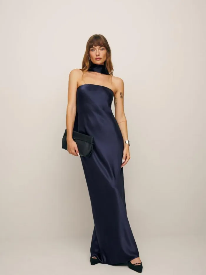 ClothingWeddings The Reformation Petites Oren Silk Dress Navy