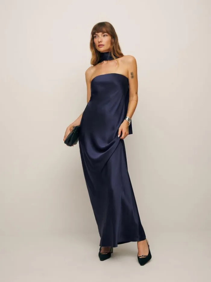ClothingWeddings The Reformation Petites Oren Silk Dress Navy