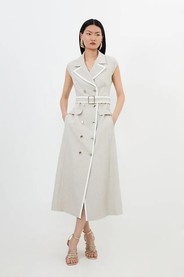 CoOrds Women Karen Millen Melange Double Breasted Belted Tipped Tailored Midi Dress Natural CoOrds Women Karen Millen Melange Double Breasted Belted Tipped Tailored Midi Dress Natural