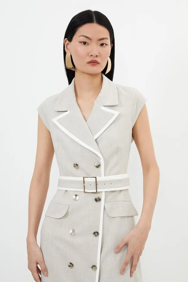 CoOrds Women Karen Millen Melange Double Breasted Belted Tipped Tailored Midi Dress Natural