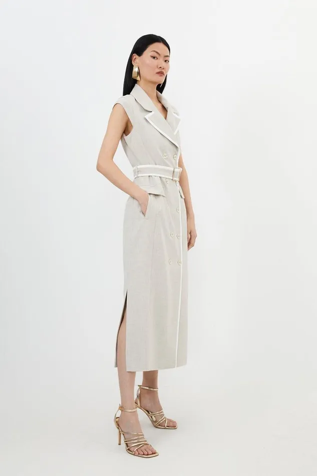 CoOrds Women Karen Millen Melange Double Breasted Belted Tipped Tailored Midi Dress Natural
