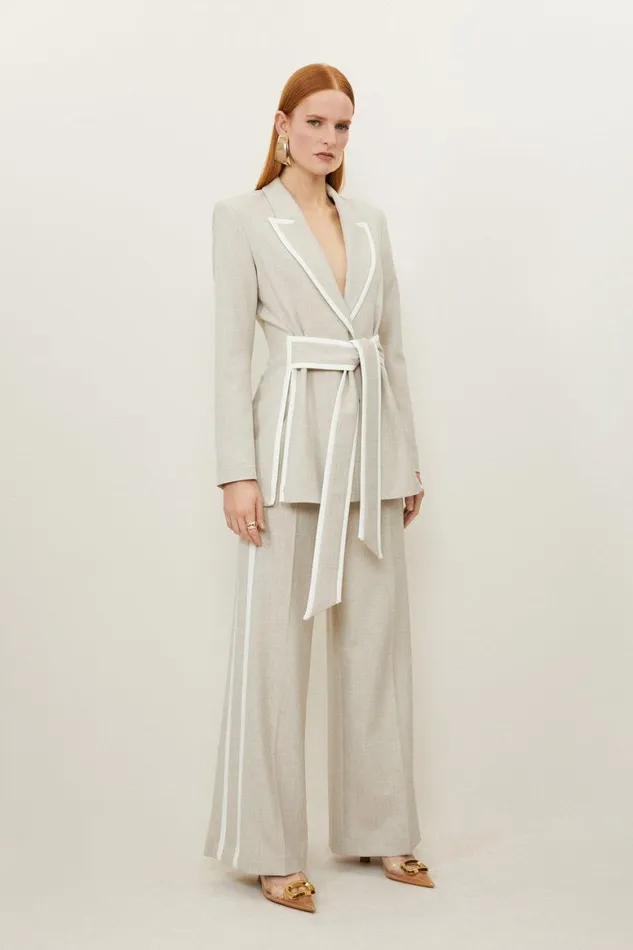 CoOrds Women Karen Millen Melange Straight Leg Tipped Tailored Trousers Natural