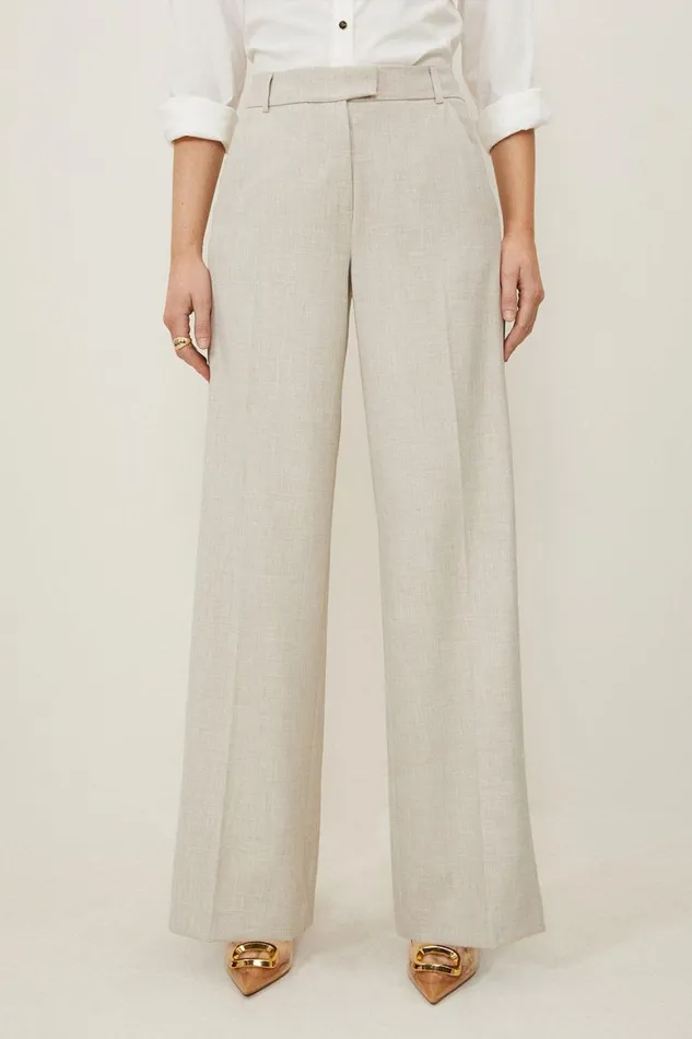 CoOrds Women Karen Millen Melange Straight Leg Tipped Tailored Trousers Natural