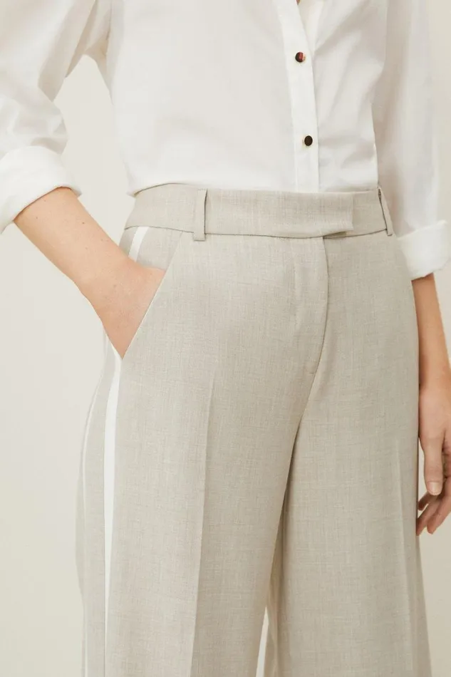 CoOrds Women Karen Millen Melange Straight Leg Tipped Tailored Trousers Natural