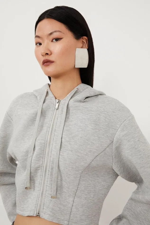 CoOrds Women Karen Millen Premium Scuba Marl Cropped Hoodie Grey Marl