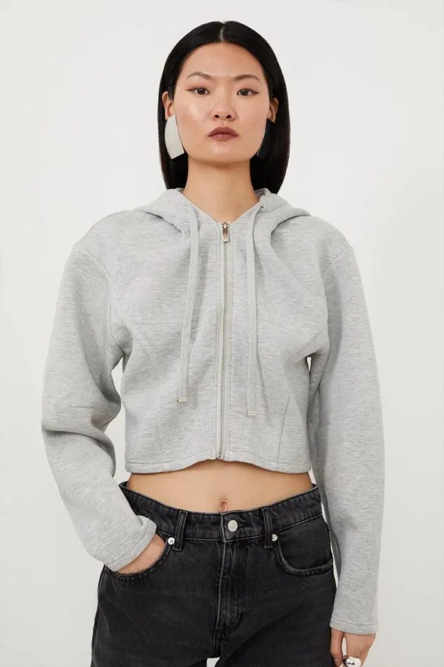 CoOrds Women Karen Millen Premium Scuba Marl Cropped Hoodie Grey Marl