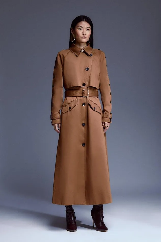 Coats and Jackets Women Karen Millen Button Detail Belted Maxi Trench Coat Brown Coats and Jackets Women Karen Millen Button Detail Belted Maxi Trench Coat Brown