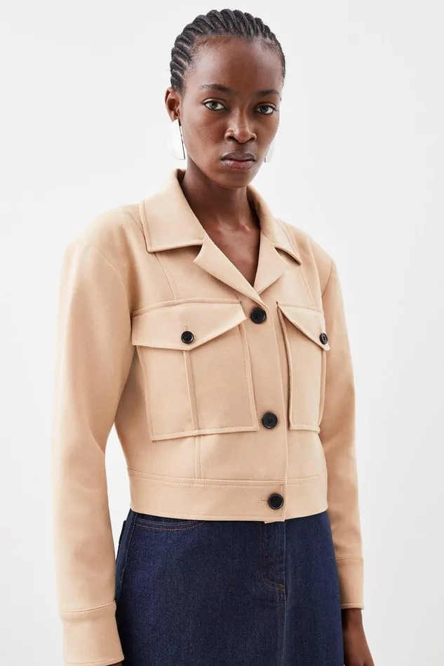 Coats and Jackets Women Karen Millen Compact Stretch Pocket Detail Tailored Cropped Jacket Camel