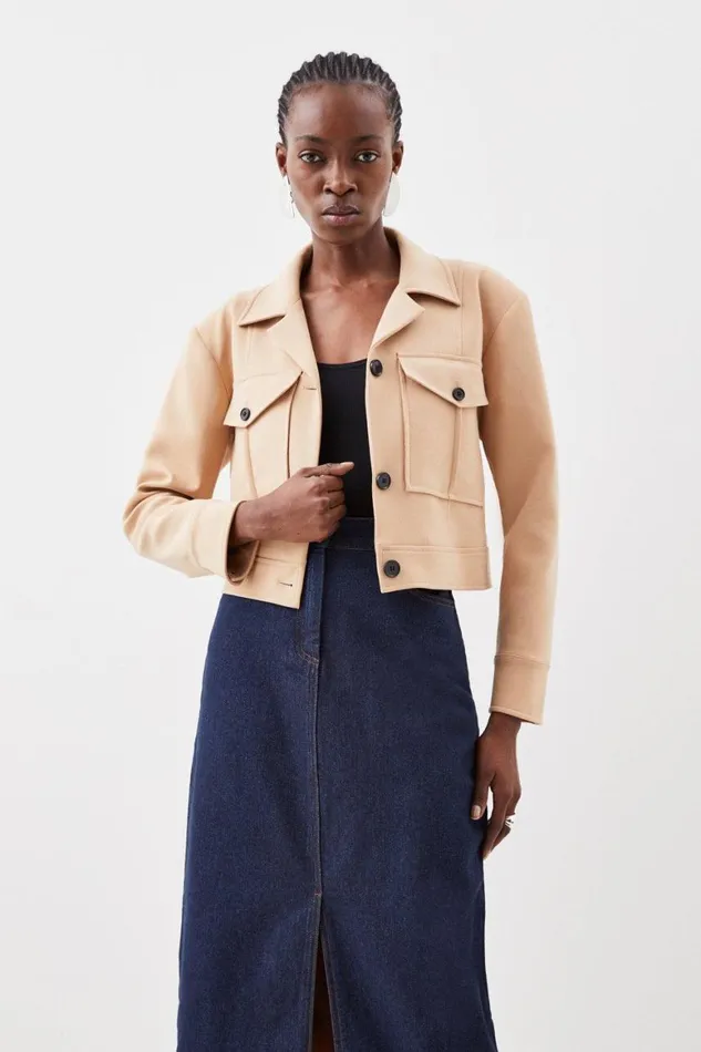 Coats and Jackets Women Karen Millen Compact Stretch Pocket Detail Tailored Cropped Jacket Camel