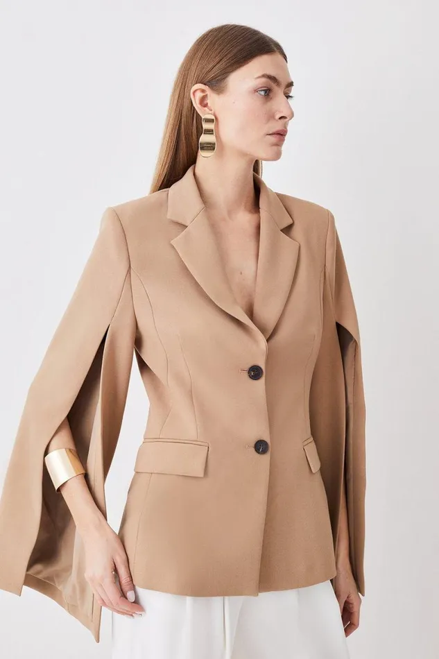 Coats and Jackets Women Karen Millen Compact Stretch Statement Sleeve Longline Blazer Camel