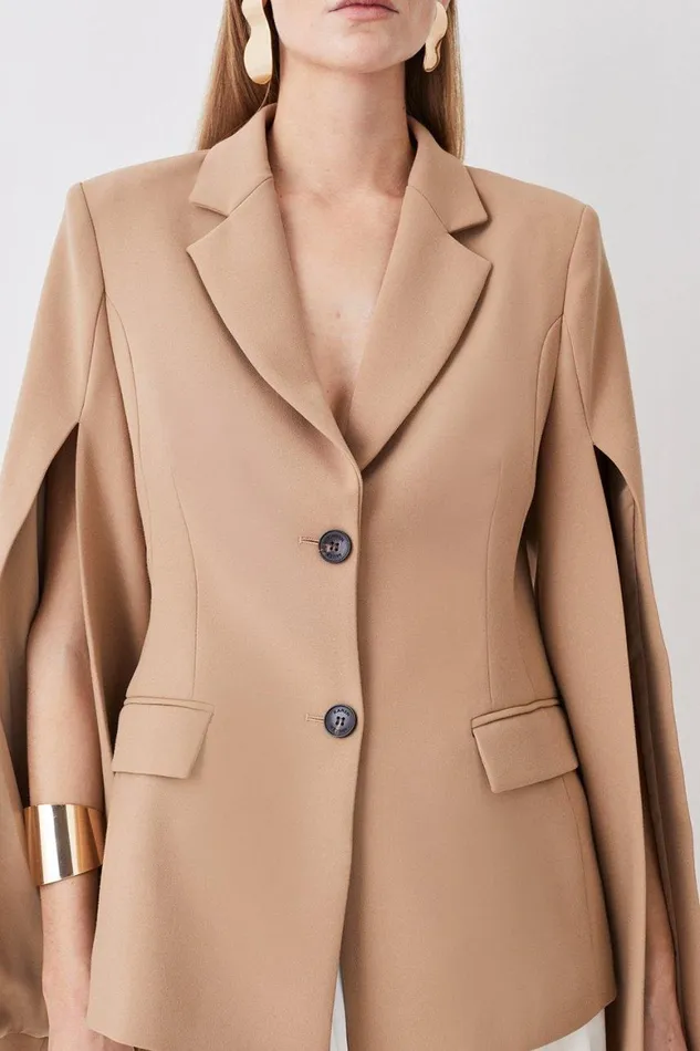 Coats and Jackets Women Karen Millen Compact Stretch Statement Sleeve Longline Blazer Camel