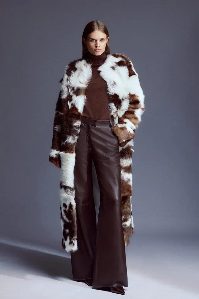Coats and Jackets Women Karen Millen Cow Print Shearling Collarless Maxi Coat Mono Coats and Jackets Women Karen Millen Cow Print Shearling Collarless Maxi Coat Mono