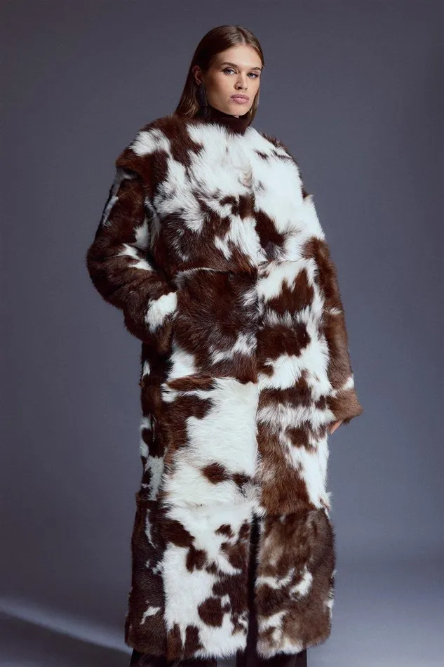 Coats and Jackets Women Karen Millen Cow Print Shearling Collarless Maxi Coat Mono