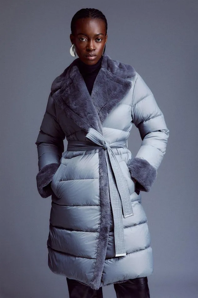 Coats and Jackets Women Karen Millen Faux Fur Lined Belted Puffer Coat Grey