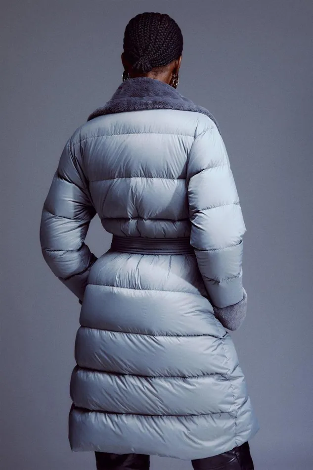 Coats and Jackets Women Karen Millen Faux Fur Lined Belted Puffer Coat Grey