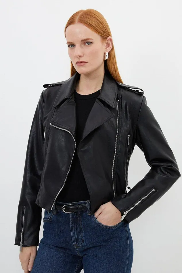 Coats and Jackets Women Karen Millen Faux Leather Cropped Biker Jacket Black