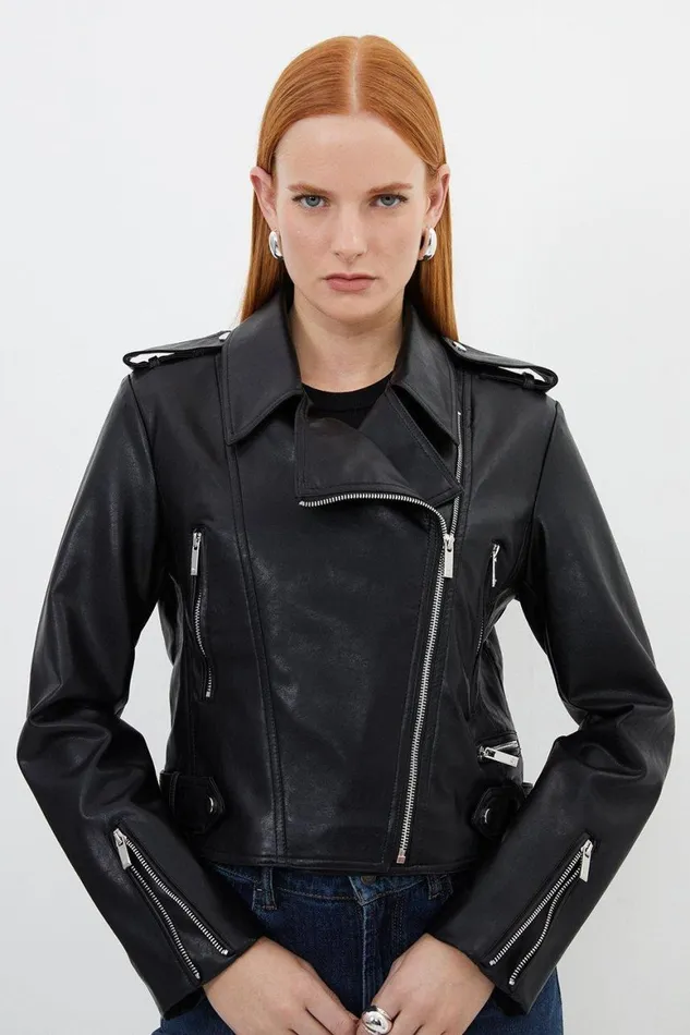Coats and Jackets Women Karen Millen Faux Leather Cropped Biker Jacket Black