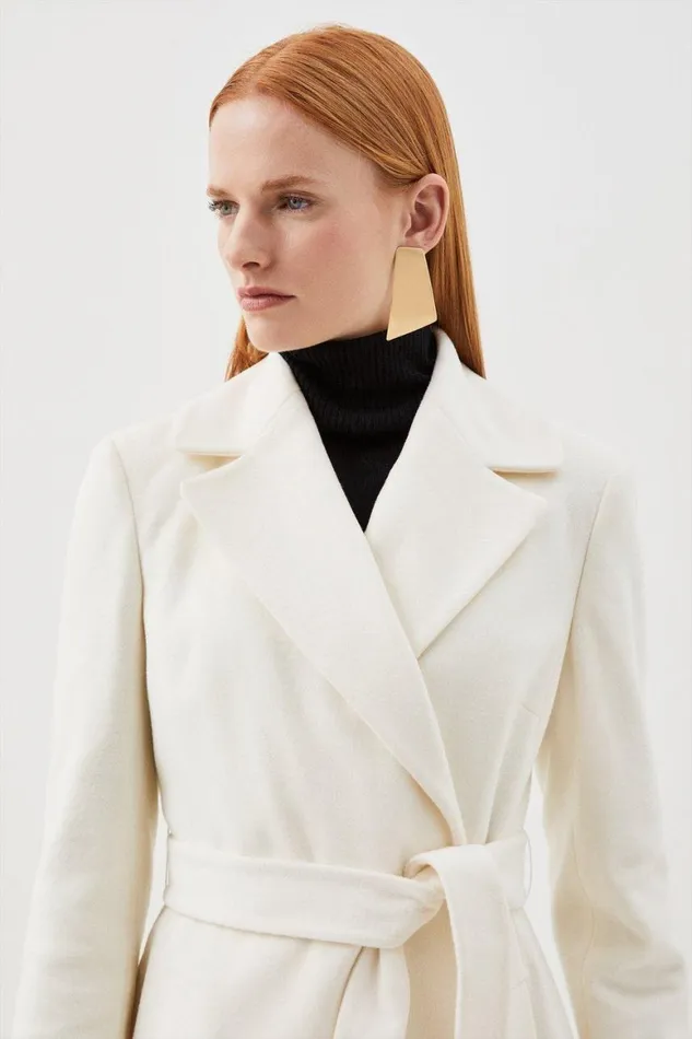 Coats and Jackets Women Karen Millen Italian Manteco Wool Blend Belted Midi Coat Ivory