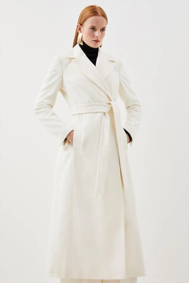 Coats and Jackets Women Karen Millen Italian Manteco Wool Blend Belted Midi Coat Ivory