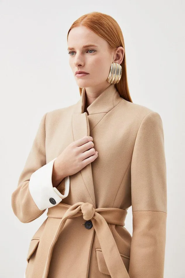 Coats and Jackets Women Karen Millen Italian Manteco Wool Blend Contrast Midi Coat Neutral