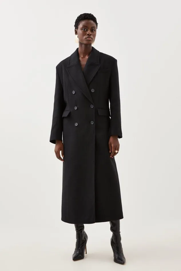 Coats and Jackets Women Karen Millen Italian Manteco Wool Blend Oversized Strong Shoulder Double Breasted Coat Black