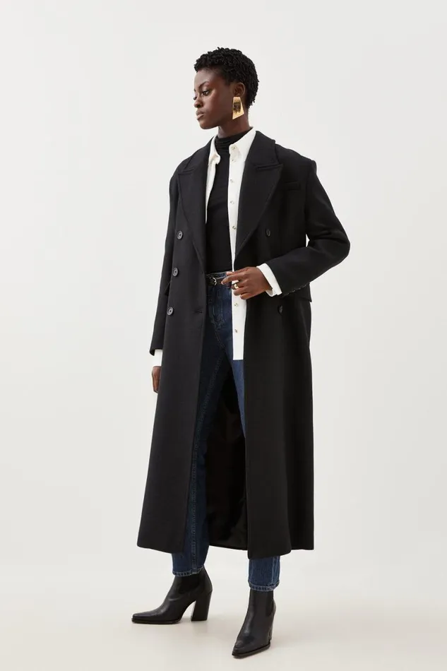 Coats and Jackets Women Karen Millen Italian Manteco Wool Blend Oversized Strong Shoulder Double Breasted Coat Black